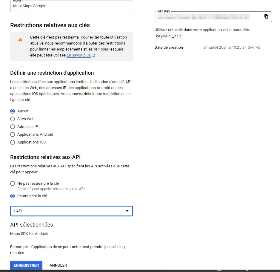 Restriction d'API Google Maps